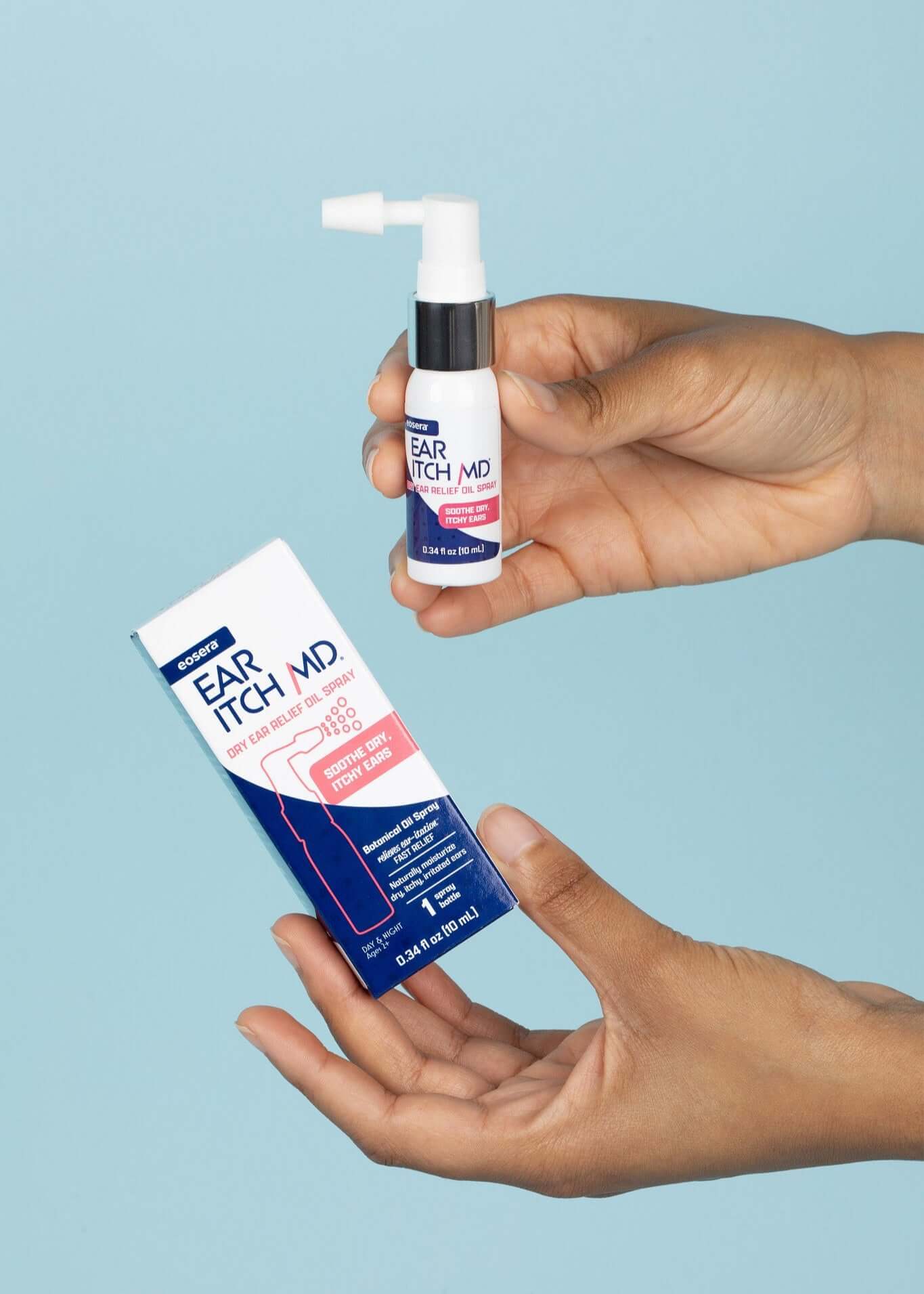Ear Itch MD product in hands, offering relief from ear itching with spray bottle and packaging, against a blue background.